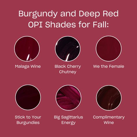 Now trending: burgundy nails 🥀🍷 Deep plum, juicy red, or dark and vampy… what’s your fall vibe? 🍂 Swipe ▶️ to explore all our burgundy shades and press-on sets! Dark Red Opi Gel Polish, Opi Deep Red Nail Polish, Opi Burgundy, Deep Burgundy Nails, Maroon Nail Polish, Chrome Nails Opi, Oxblood Nails, Deep Red Nail Polish, Opi Shades