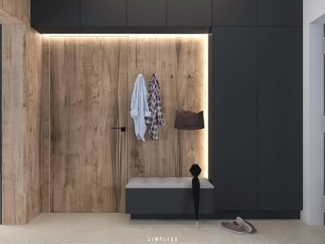 Scandinavian Modern entryway. Dark grey and natural wood tones. Modern touches in the lighting. Vstupná Hala, Entryway Cabinet, Modern Entrance, Entryway Lighting, Lashes Mascara, Modern Entryway, Entry Hallway, Modern Hallway, Eyeshadow Eyeliner