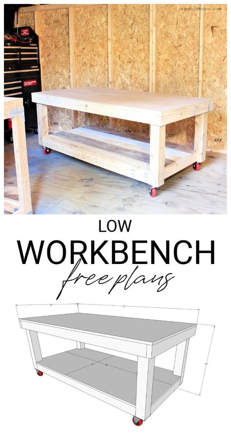 A DIY tutorial to build a low workbench. This 30" high worktable is perfect if you have low ceilings. Use my plans to build a low workbench for your space. #freeplans Fine Woodworking Project, Awesome Woodworking Ideas, Wood Projects Plans, Diy Workbench, Floor Shelf, Woodworking Box, Low Ceilings, Workbench Plans, Woodworking Joinery