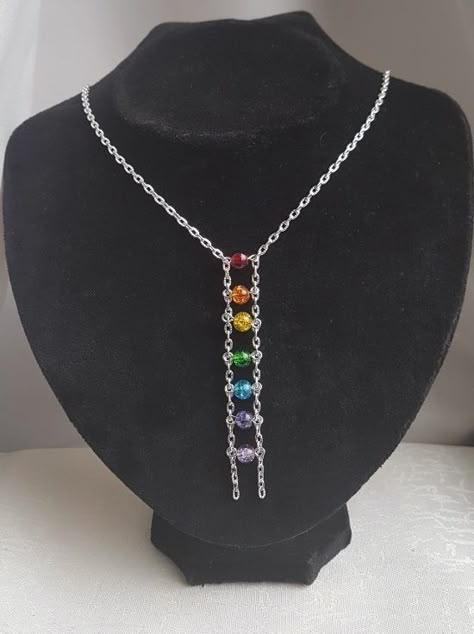 Gorgeous Rainbow dangle necklace - Silver tones £12.50 Necklace Handmade Ideas, Handmade Rainbow Beaded Necklaces, Handmade Rainbow Glass Jewelry, Handmade Necklace Ideas, Handmade Rainbow Glass Necklaces, Rainbow Beaded Necklace Hand-strung As Gift, Adjustable Rainbow Glass Necklaces, Rings Red, Unique Beaded Jewelry