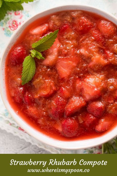 Strawberry Rhubarb Compote! This vibrant and versatile recipe truly celebrates the season, combining two classic flavors in just one simple dish. #whereismyspoon #strawberryrhubarbcompote #rhubarbstrawberrycompote #strawberryrhubarbsauce #rhubarbstrawberrysauce #stewedrhubarbstrawberries #stewedrhubarb #rhubarbsauce #rhubarbdessert #strawberrysauce #strawberrydessert #rhubarbrecipes Rhubarb And Apple Crumble, Baked Fruit Desserts, Fruit Deserts, Strawberry Rhubarb Sauce, Strawberry Rhubarb Recipes, Apricot Dessert, Strawberry Rhubarb Compote, Roasted Pears, Artistic Food