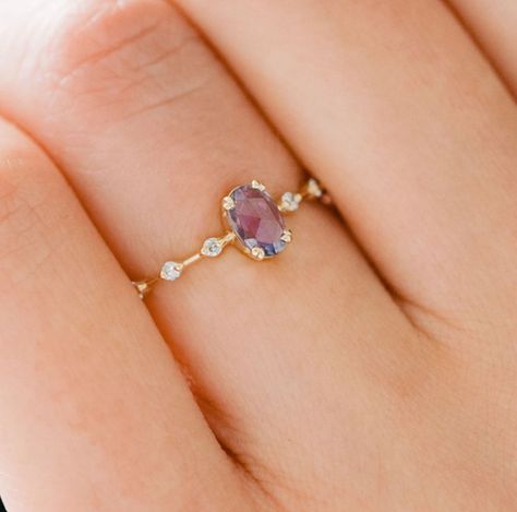 The perfect minimal 18K gold plated amethyst ring has arrived. An oval cut, beautifully colored amethyst is prong set vertically on a slim solid gold band adorned in cubic zerconia. A modern take on an heirloom piece, this 18K gold dainty crystal ring is made to be cherished for generations to come. 925 Silver 18K Gold Dream Rings, Melanie Casey, Handcrafted Engagement Ring, Orange Crystals, Purple Sapphire, Purple Crystal, Wedding Idea, Pretty Stuff, Egg Shape