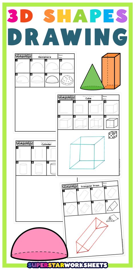 Free 3D Shapes Drawing printables! Our worksheets will teach students how to draw 3d shapes. Drawing 3d shapes is a great skill for children to learn. When drawing shapes in 3d students will better understand the dimensions of objects. #superstarworksheets #free #printables #shapes #drawing #3D How To Draw 3d Shapes, 3d Shapes Art, 3d Shapes Drawing, Draw 3d Shapes, Shape Activities Kindergarten, 3d Shapes Activities, 3d Shapes Worksheets, Shapes Drawing, Drawing Shapes