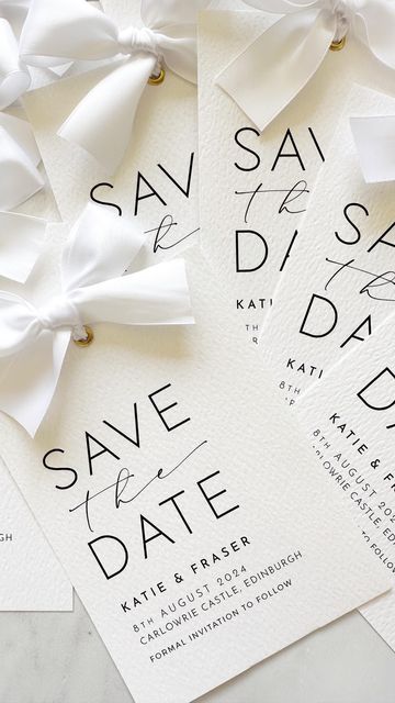 SC Design Studios | Wedding Stationery & Signage on Instagram: "K A T I E • & • F R A S E R 🤍 A bespoke version of the Odite save the date for K&F, with an added satin bow and gold eyelet. That little twinkle of gold just elevates the whole design and finishes these beauties off perfectly 🤩. Save for wedding stationery inspo 📌 • • • #weddingstationery #weddingstationerydesign #weddingstationeryuk #weddingstationerydesigner #weddingstationary #weddinginvitations #weddinginvitation #weddinginv Wedding Day Stationary, Save The Dates Elegant, Save The Date Classic, Wedding Save The Date Design, Bow Wedding, Save The Date Elegant, Save The Date Classy, Save The Date With Ribbon, Elegant Save The Date