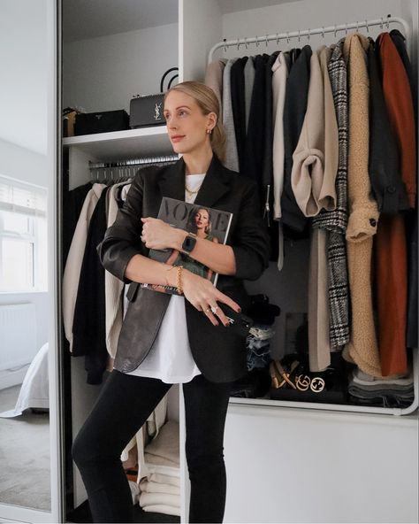 Charlotte Buttrick, Organised Wardrobe, Leather Blazer Outfit, Wardrobe Space, Blazer Outfit, Minimalist Chic, Blazer Outfits, Leather Blazer, Office Style