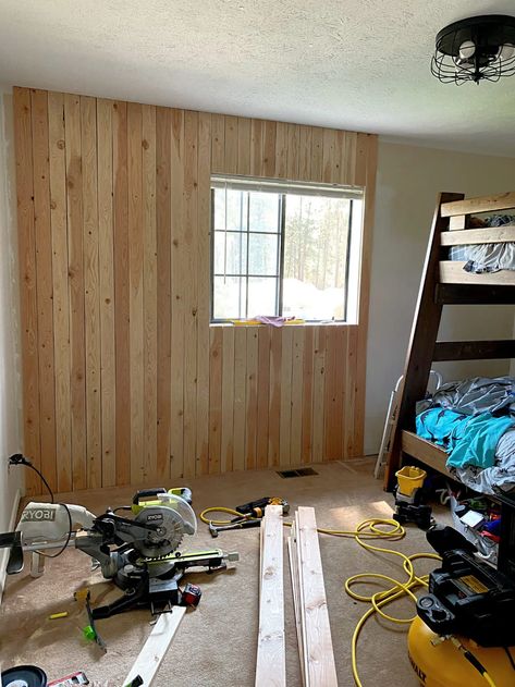 Vertical Shiplap Accent Wall |Easy Tutorial For Your Next Wall Project Verticle Wood Plank Wall, Vertical Pine Shiplap Wall, Vertical Wood Plank Wall, Verticle Shiplap Accent Wall, Vertical Shiplap Wall Bedroom, Vertical Wood Accent Wall, Cedar Plank Wall, Plank Wall Bedroom, Vertical Shiplap Accent Wall