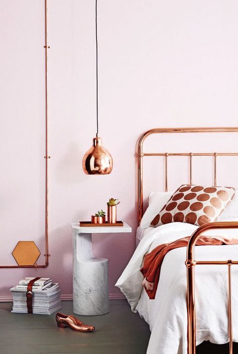 color pairing trend: copper & pink perfection #SOdomino #room #interiordesign #furniture #bedroom #floor #orange #bed #bedsheet Pink And Copper Bedroom, Copper Bedroom Decor, Copper Bed, Copper Bedroom, Rose Gold Bedroom, Interior Design Color Schemes, Pink Bedroom Design, Pink Bedroom Decor, Gold Bedroom