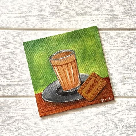 Chai Cup Painting, Chai Canvas Painting, Chai Painting Canvas, Tea Painting Art, Chai Drawings, A Rylic Painting, Tea Canvas Painting, Pretty Canvas Painting Ideas, Warm Color Painting