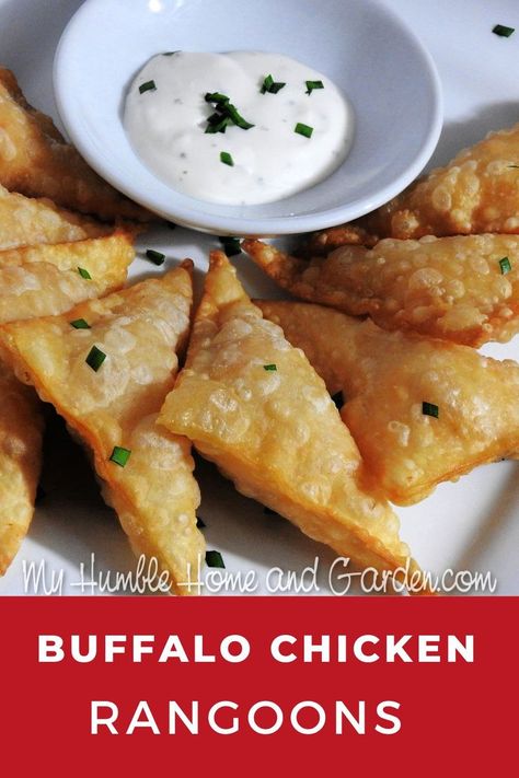 Buffalo chicken rangoons - how to make them easily! Buffalo Chicken Rangoons, Buffalo Chicken Wontons, Seasoned Oyster Crackers, Franks Buffalo Sauce, Raw Chicken Breast, Oyster Crackers, Poached Chicken, Cream Cheese Chicken, Wonton Wrappers