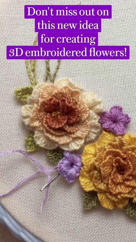 In this video, I demonstrate an interesting technique that will help you easily create flowers for your 3D embroidery projects. 3d Embroidery Techniques, Stump Work, 3d Crochet, Sue Spargo, Embroidery Stitches Beginner, Crochet Butterfly, Handmade Embroidery Designs, 3d Embroidery, Embroidery Stitches Tutorial