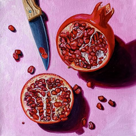 Pomegranate Painting - Original still life pomegranate oil painting Oil on 25,4x25,4x2 cm - 10x10x0,8 inches acid free stretched canvas. The sides have been painted white.  Staples on back, ready to hang. Painted on January 1st 2024 :) it's the first painting of the new year!  It takes about 2 weeks to dry for shipping.  Worldwide free express shipping / 2-4 business days. It will be ship safely (wrapped with nylon bubble and styrofoam). Thank you for visiting! Art Pomegranate, Pomegranate Painting, Food Art Painting, Pomegranate Art, Pomegranate Oil, Intuitive Painting, Still Life Oil Painting, Fruit Painting, Mini Kitchen