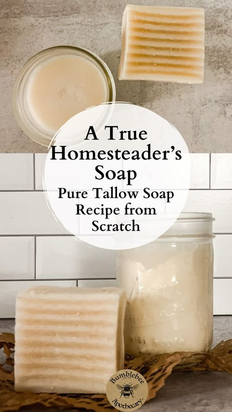 This pure tallow soap recipe uses only 100% tallow as the oil ingredient. Grass fed tallow fans will love this pure tallow soap recipe. It’s very easy, so it’s perfect for anyone wanting to learn how to make soap from scratch. It's super gentle, with rich, creamy lather. Great for the most sensitive skin! How to make pure tallow soap recipe for DIY skincare and natural bath and body recipes using essential oils, or unscented. Lamb Tallow Soap, How To Make Your Own Soap Diy, How To Make All Natural Soap, Tallow Body Scrub, Beef Tallow Shampoo Bar, Diy Tallow Dish Soap, How To Make Tallow Soap, What To Do With Beef Tallow, Liquid Tallow Soap Recipe