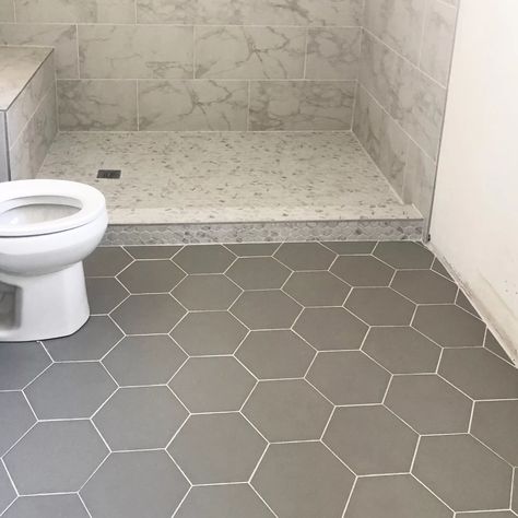 EliteTile Tessile Hex 9" x 10" Porcelain Wall & Floor Tile & Reviews | Wayfair Grey Hexagon Tile Bathroom, Hex Tiles Bathroom, Hexagon Bathroom Tile, Hexagon Tile Bathroom Floor, Hexagon Tile Bathroom, Porcelain Tile Bathroom, Hexagon Tile Floor, Grey Bathroom Tiles, Small Bathroom Renovations