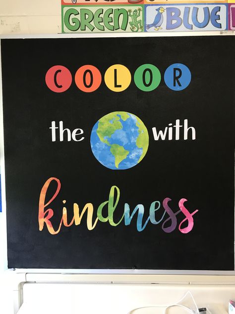 Color the world with kindness bulletin board Bulletin Board Ideas For Artwork, Color The World With Kindness Bulletin Board, Color The World With Kindness Theme, Bulletin Board About Kindness, Choose Kindness Bulletin Board, Kindness Week Poster Ideas, Kindness Bulletin Boards Elementary, Kindness Murals For School, Colors Bulletin Board Preschool