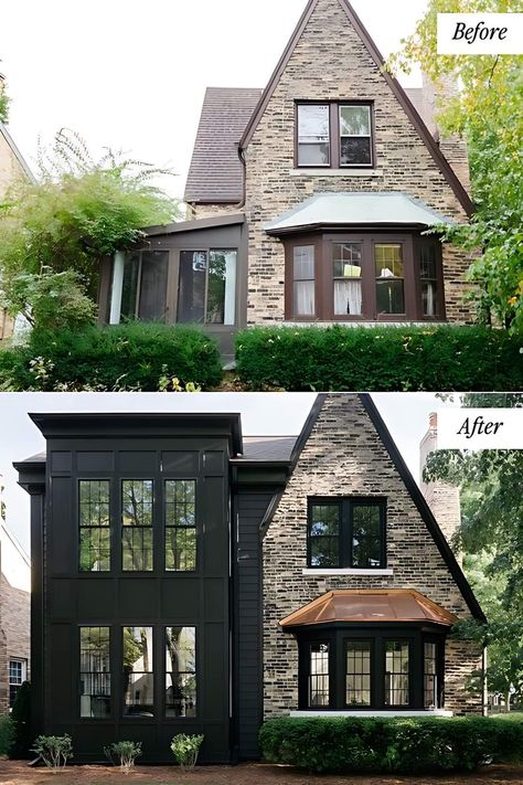 Dramatic Exterior House Colors, Exterior Before And After, Before And After House Exterior, Tudor Style Homes Exterior Color Schemes, Tudor Exterior Makeover, Updated Tudor Exterior, Exterior Renovation Before And After, Exterior Transformations, Contemporary Tudor