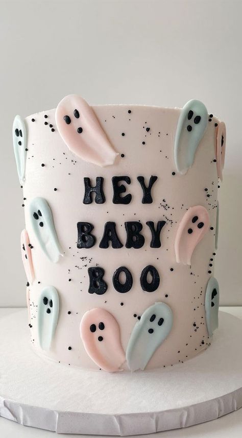 A Little Boo Is Almost Due Cake, Halloween Themed Baby Shower Ideas, Halloween Baby Shower Cake, Gender Reveal Halloween, Halloween Cake Ideas, Themed Baby Shower Ideas, Cake Halloween, October Baby Showers, Halloween Gender Reveal