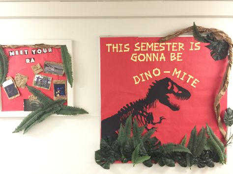 Jurassic Park Bulletin Board Jurassic Park School Theme, Jurassic Park Classroom Door, Jurassic Park Door Decoration, Jurassic Park Bulletin Board, Jurassic Park Classroom Theme, Jurassic Park Classroom, Skeleton Bulletin Board, Dinosaur Bulletin Boards, Res Life Door Decs