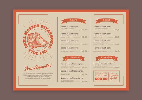 Vintage Hand-drawn Horizontal Grill Master Steakhouse Menu Menu Design Horizontal, Steakhouse Menu Design, Horizontal Menu Design, Wine List Menu, Free Menu Templates, Menu Maker, Happy Hour Menu, Coffee Shop Menu, Presentation Maker