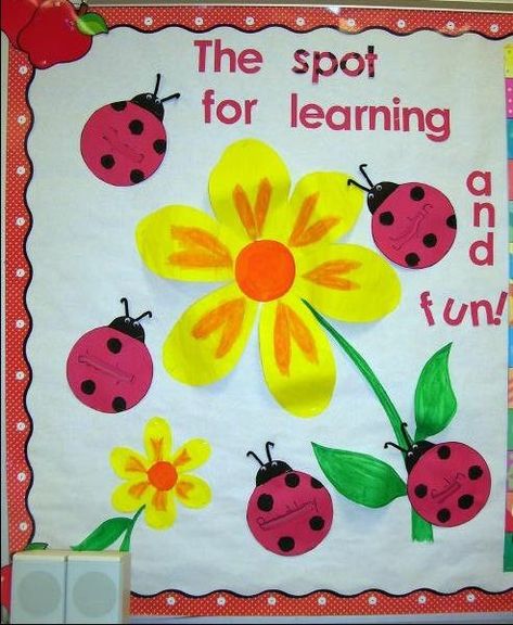 Ladybug Bulletin Board "This is the spot for learning and fun!" Ladybug Bulletin Boards, Ladybugs Preschool, Garden Theme Classroom, Spring Classroom Decorations, Ladybug Room, Preschool Decor, Spring Bulletin, Spring Bulletin Boards, Ladybug Theme