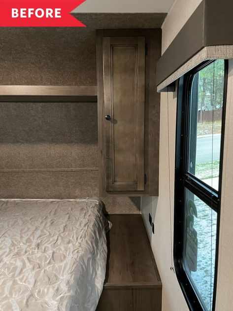 Cozy RV Bedroom Redo for $350 - Before and After Photos | Apartment Therapy Curtain Separation Room Dividers Rv, Rv Cozy Decorating Ideas, Rv King Bed Remodel, Camper Bedroom Organization, Rv Bedside Table Ideas, Cozy Rv Aesthetic, Rv Shelf Above Bed, Diy Rv Bedroom Remodel, Rv Nightstand Ideas