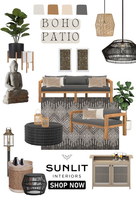 boho outdoor furniture and decor, black and white outdoor living space Mid Century Modern Homes Exterior, Patio Plan, Paint Concrete Patio, Moody Boho, Patio Plans, Patio Layout, Bohemian Outdoor, Bed In Corner, Boho Patio