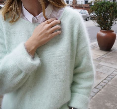 Mint Sweater + Button Down Shirt; Spring/Fall Mint Knit Sweater Outfit, Mint Green Sweater Outfit, Mint Sweater Outfit, Green Sweater Outfit, Mint Sweater, Preppy Sweater, Jumper Outfit, Sweater Outfit, Classic Sweater