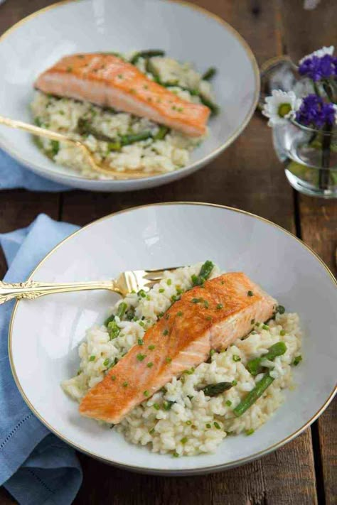 Lemon Asparagus Risotto, Healthy Pork Chop Recipes, Asparagus Risotto, Date Night At Home, Lemon Asparagus, Whole Roasted Cauliflower, Date Night Recipes, Seared Salmon, Night At Home