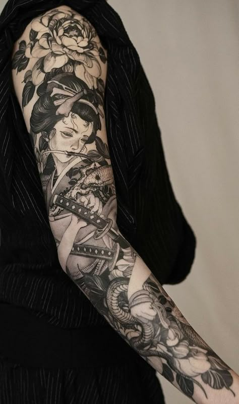 Tattoo Snake Sleeve, Pen Sketch Tattoo, Geisha Full Sleeve Tattoo, Black Work Snake Tattoo, Gothic Arm Sleeve Tattoo, Illustrative Tattoo Sleeve, Full Sleeve Japanese Tattoo, Black Work Tattoo Sleeve, Japanese Tattoo Arm