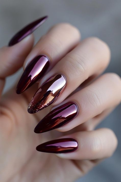 Jewel Color Nails, Glam Fall Nails, Fall Chrome Nails 2024, Fall Chrome Nails Designs, Fall Chrome Nail Colors, Wine Chrome Nails, Dark Plum Nails, Fall Chrome Nails, Metallic Nail Designs