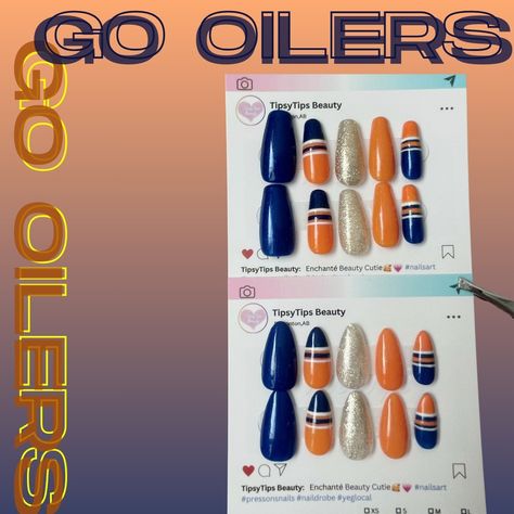 Enchanté Beauty Cutie 🎉 Drumroll, please!!! 🎉 I'm rolling out TIpsytips Beauty FIRST-EVER press-on nail design, and it's as wild as an Oilers game in overtime! 🏒💅 Inspired by the fearless spirit of the Oilers, these nails scream blue and orange louder than a fan in the front row! Available in two fab shapes - long coffin and almond - these nails are ready to bring some serious fun to your fingertips! Get ready to score big in style, because with these babies, you're guaranteed to be the MVP ... Oilers Nails Designs, Oilers Nails, Polish Design, Nail Polish Designs, Blue And Orange, Front Row, Nail Design, Scream, Press On Nails