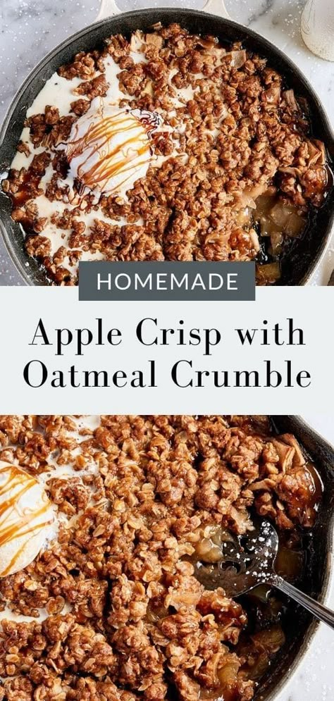 With a tender apple filling and buttery oatmeal brown sugar crumble topping, you’ll love this easy apple crisp recipe baked in a cast iron skillet. Serve warm with vanilla ice cream! Skillet Apple Crumble, Cast Iron Apple Crumble, Apple Oat Crumble, Skillet Dessert Recipes, Apple Crisp Recipe With Oats, Skillet Apple Crisp, Brown Sugar Crumble Topping, Recipe With Oatmeal, Skillet Dessert