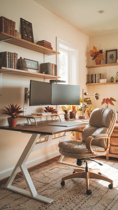 Home Office Design Two Monitors, Desk With Rug Under, Desk Ideas Dual Monitor, Office Chair In Living Room, Minimalist Office Setup, Two Monitors Setup, Work From Home Set Up Dual Monitor, Cute Dual Monitor Setup, Home Office With Two Monitors