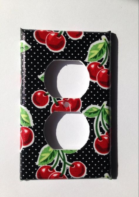 Retro Cherries with white polka dots on a black background. Total Rockabilly design! Love the Polka dots!  Handmade in Clovis, California! All plates are sealed with 3 coats of sealer.   Why settle or ordinary! Great way to spruce up the house on a budget!  Comes with screws for easy installation, to clean wipe with damp cloth.  Please use the drop down menu to choose the size you're needing.  If you are needing a plate not listed just convo me and I will list it asap!  Thanks for stopping by Ch Cherry Room Decor, Pop Apartment, Cherry Bathroom, Cherry Kitchen Decor, Girly Kitchen, Clovis California, House On A Budget, Red Kitchen Decor, Kitchen Retro