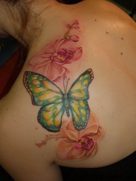 Butterfly Tattoos Butterfly And Flower Tattoo, A Butterfly Tattoo, Butterfly Tattoos Images, Butterfly With Flowers Tattoo, Tattoo Son, Butterfly Tattoo On Shoulder, Butterfly Back Tattoo, Upper Back Tattoos, Orchid Tattoo