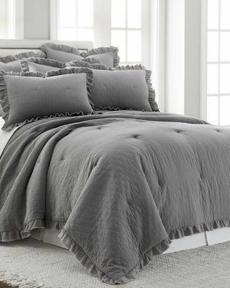 Gray Bedspread Room Ideas, Bedding Ideas Farmhouse, Bedroom Master Luxury, Designer Comforter Sets, Gray Bedspread, Gray Bedding, Ruffle Comforter, Luxury Bedspreads, Bedroom Comforter Sets