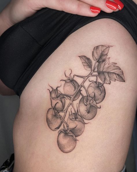 Katya Cherry | Tattoo artist | Cherry tomatoes for Yael 🌹 thank you for coming! . . . #stippletattoo #dotworktattoos #3rl #3rlonly #3rltattoo #whipshaded #tattooart… | Instagram Cherry Tomato Tattoo, Tomato Plant Tattoo, Tomato Tattoo, Cooking Tattoo, Heirloom Tomato Plants, Cherry Tattoo, Fruit Tattoo, Cherry Tattoos, Food Tattoos