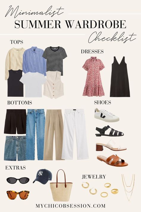 How To Create 14 Looks With a Minimalist Summer Wardrobe - MY CHIC OBSESSION Summer Minimalist Fashion, Minimalist Summer Wardrobe, Travel Capsule Wardrobe Summer, Wardrobe Checklist, Minimalist Wardrobe Capsule, Capsule Wardrobe Women, Spring Summer Capsule Wardrobe, Minimalist Outfits, Outfits Minimalist