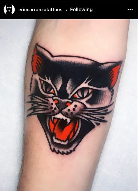 Traditional Cat Tattoo, Cat Tattoo Ideas, Traditional Tattoo Inspiration, Black Cat Tattoos, Traditional Tattoo Sleeve, Old School Tattoo Designs, Traditional Tattoo Design, Traditional Tattoo Art, Horror Tattoo