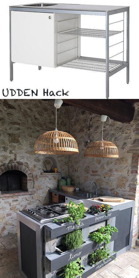 Ikea Udden kitchen hacked in outdoor kitchen with a pallet by mommodesign Outdoor Ikea Kitchen, Ikea Outdoor Kitchen Hack, Ikea Outdoor Kitchen, Ikea Garden Hack, Lady Lair, Ikea Garden, Ideas Terraza, Mommo Design, Ikea Outdoor