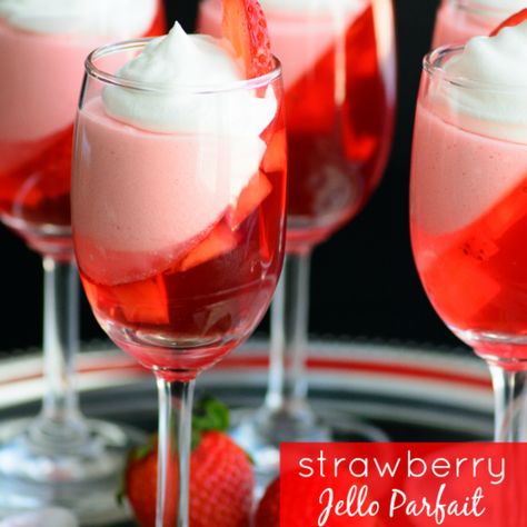 Strawberry Jello Parfait - Family Fresh Meals Valentine Jello Desserts, Fancy Valentines Dinner Kids, Valentines Catering Ideas, Valentines Work Party Ideas, Valentine Dinners For Family, Fancy Galentines Party, Valentines Day Party Food Dinner, Fancy But Easy Appetizers, Valentine's Day Dinner Family