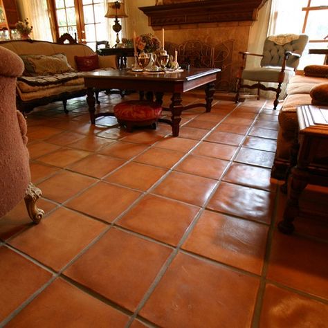 Spanish Floor Tile | Avente Tile Blog Spanish Floor Tile, Trendy Kitchen Tile, Cement Patio, Saltillo Tile, Dark Tile, Rustic Tile, Flooring Carpet, Flooring Design, Patio Flooring