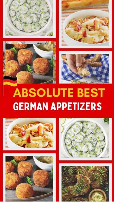 German appetizers including cucumber salad, potato salad, meatballs, and breaded snacks. Vegetarian German Food, Authentic German Appetizers, German Foods Oktoberfest, German Themed Party Food, German New Years Food, British Appetizers Easy, Appetizers From Around The World, German Appetizers, Best German Food