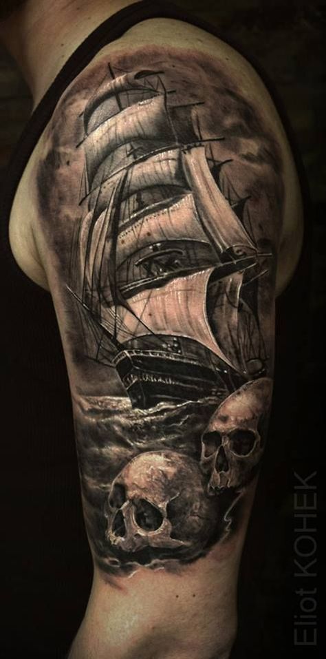 Scary Tattoo Ideas, Eliot Kohek, Ship Tattoo Sleeves, Pirate Skull Tattoos, Ship Tattoos, Pirate Ship Tattoos, Nautical Tattoo Sleeve, Pirate Ship Tattoo, Pirate Tattoo