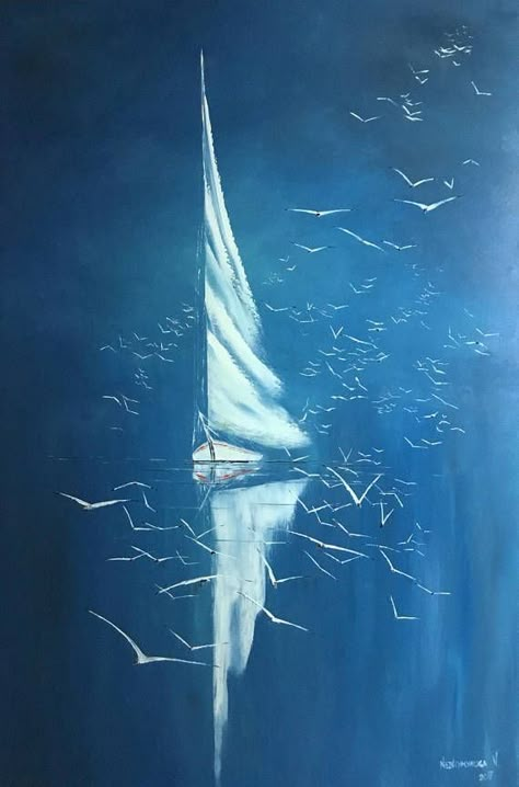 Seagulls Painting, Painting Seagulls, Boat Painting Abstract, Big Painting, Sailing Art, Sailboat Painting, Boat Art, Soyut Sanat Tabloları, Boat Painting