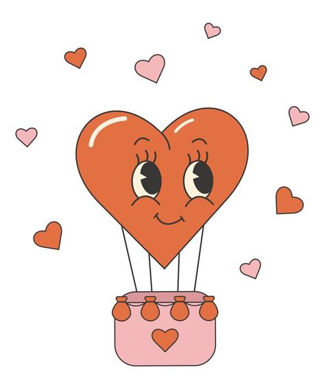 Trendy comic groovy valentines day sticker. Cute heart character. Retro valentines day. 70s 60s aesthetics. Valentine's Day Card Design, 70s Valentines Day Aesthetic, Valentines Day Posters, Valentines Illustration Design, Retro Heart, Groovy Valentines, Heart Character, Valentines Clipart, Valentines Graphics