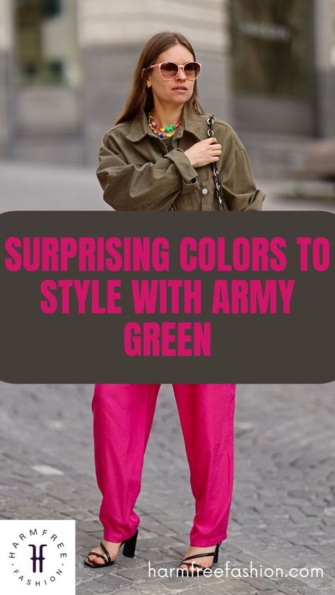 Have a pair of olive or army green cargo pants you aren't quite sure what color top to wear them with? Give pinks, purples & neutral tones a go. Here's how they'll look. #veganfashion #stylingtips #colorcombos #colorcombinations #outfitideas #armygreen #olivedrab #greenandpink #militarygreen #fuchsia #hotpink #colortrends #howtowear Army Green Top Outfit, Green Cargo Pants Outfit Street Style, Army Green Cargo Pants Outfit, Olive Green Cargo Pants Outfit, Army Green Jacket Outfit, Olive Cargo Pants Outfit, Army Green Pants Outfit, Army Green Outfit, Green Top Outfit