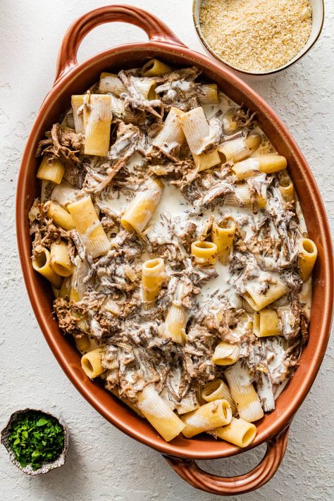 Leftover Pot Roast Casserole Recipe with Pasta - CucinaByElena Pasta With Shredded Beef, Pot Roast Spaghetti, Pot Roast Pasta Recipes, Leftover Roast Beef And Gravy Recipes, Leftover Pot Roast Recipes Casseroles, Leftover Roast Beef Recipes Pasta, Leftover Pot Roast Recipe, Recipes For Leftover Pot Roast, Leftover Italian Beef Recipes