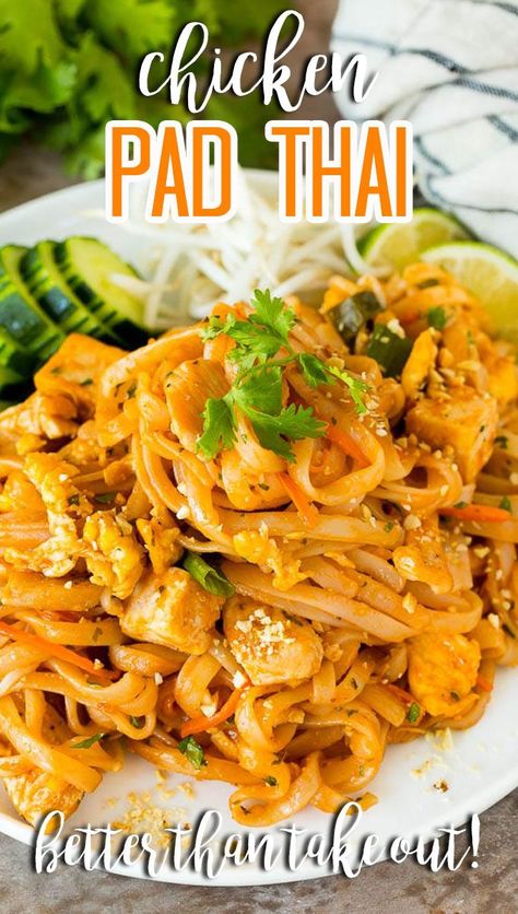 This chicken Pad Thai is rice noodles tossed with tofu, sliced chicken, veggies and egg, all in a savory sauce. Pad Thai Rice Noodles, Thai Recipes Noodles, Chicken Rice Noodles, Tofu Pad Thai, Rice Noodle Recipes, Pad Thai Sauce, Chicken Pad Thai, Pad Thai Noodles, Delicious Smoothie Recipes