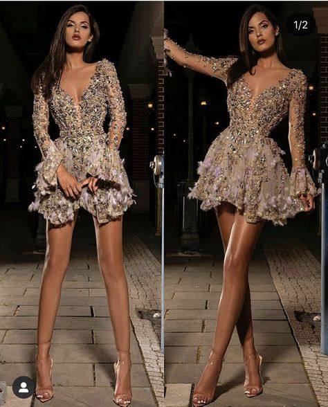 Party-ready Embellished Mini Dress For Party Season, Crystal Embellished Mini Dress For Prom And Party Season, Elegant Crystal Embellished Mini Dress For Prom, Wedding Afterparty Dresses, Party-ready Sequin Mini Dress For Evening, Gold Mini Dress For Evening, Glamorous Style, Floral Dresses With Sleeves, Casual Date Night Outfit, Fairy Fashion