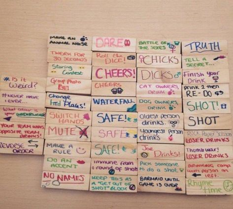 A homemade set of Drinking Jenga. Homemade Drinking Games, Bridesmaids Duties, Jenga Drinking Game, Shot Roulette, Drunk Jenga, Drinking Card Games, Drinking Games For Parties, Fun Drinking Games, Corkboard Ideas Decor